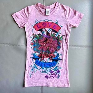 Pink Ed Hardy Y2K Tropical Inspired Mega Rare Short Sleeve Top